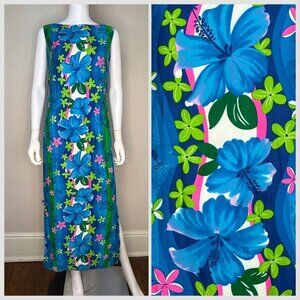 Vintage 1960s Royal Hawaiian Sleeveless Maxi Dress Size Small Blue Cotton Floral